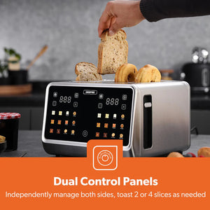 Geepas Digital 4-Slice Toaster- GBT36569UK/ 6 Modes, Removable Crumb Tray and Stainless Steel Housing, Defrost, Reheat and Cancel Functions/  2 Years Warranty, Silver