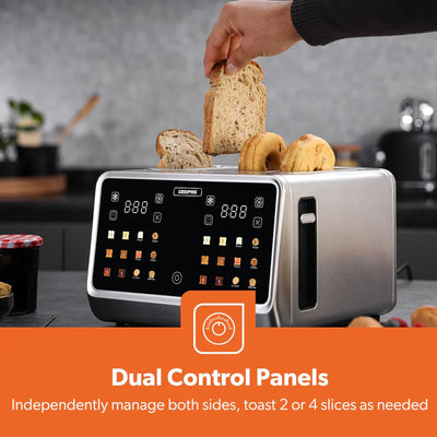 Geepas Digital 4-Slice Toaster- GBT36569UK/ 6 Modes, Removable Crumb Tray and Stainless Steel Housing, Defrost, Reheat and Cancel Functions/  2 Years Warranty, Silver