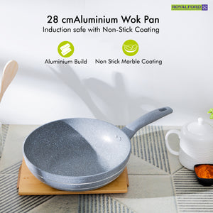 Royalford RF9841BGE 28cm Smart Wokpan|  Marble Coating |  Forged Aluminium Induction Wok featuring 3.8mm Thick Base |  Soft-Touch Handle |  PFOA & PTFE Free Cookware