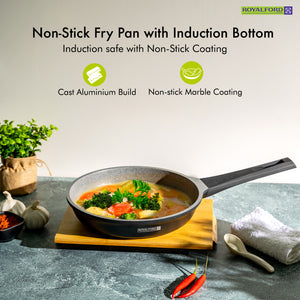 Royalford RF8593 20CM Die Cast Aluminium Fry Pan | Marble Non-Stick Coating | Induction Compatible Bottom | Soft Touch Bakelite Handle | Durable & Dishwasher Safe Pan