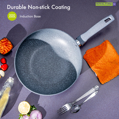 Royalford RF9841BGE 28cm Smart Wokpan|  Marble Coating |  Forged Aluminium Induction Wok featuring 3.8mm Thick Base |  Soft-Touch Handle |  PFOA & PTFE Free Cookware