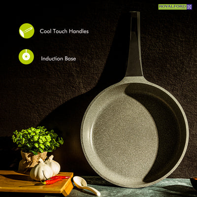 Royalford RF8593 20CM Die Cast Aluminium Fry Pan | Marble Non-Stick Coating | Induction Compatible Bottom | Soft Touch Bakelite Handle | Durable & Dishwasher Safe Pan