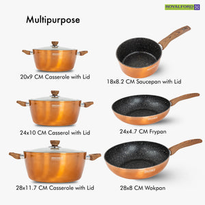 Royalford RF9769 10 Pieces Classic Bronze Granite Coated Cookware Set |  Induction Compatible | Forged Aluminium Pots and Pans |  3 Layer Durable Coating Kitchen Set