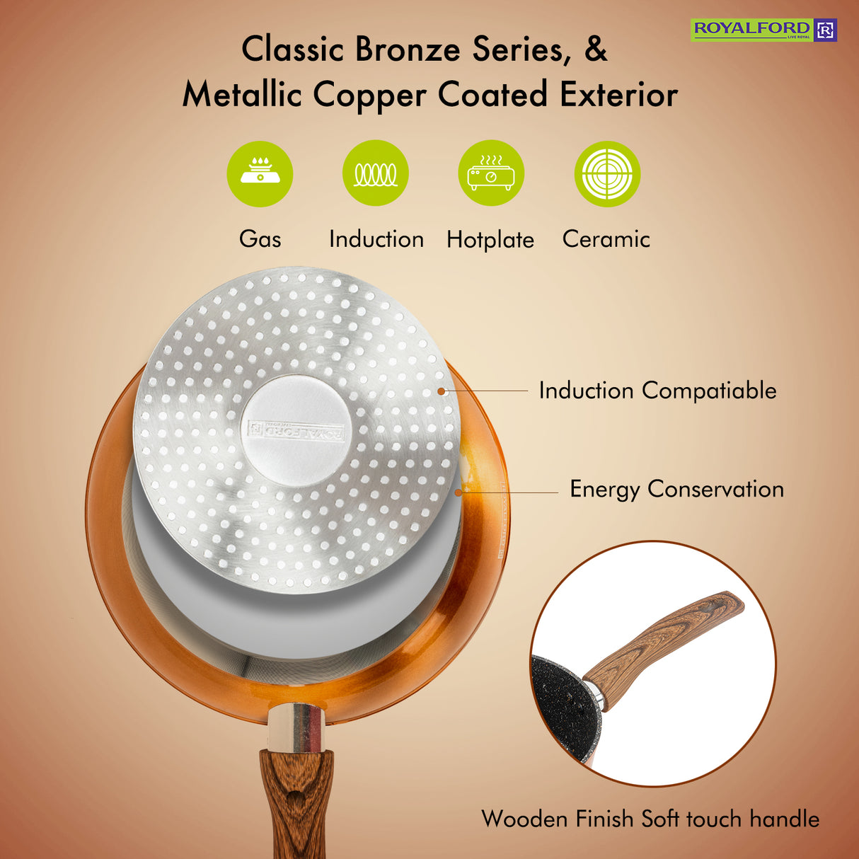 Royalford RF9769 10 Pieces Classic Bronze Granite Coated Cookware Set |  Induction Compatible | Forged Aluminium Pots and Pans |  3 Layer Durable Coating Kitchen Set