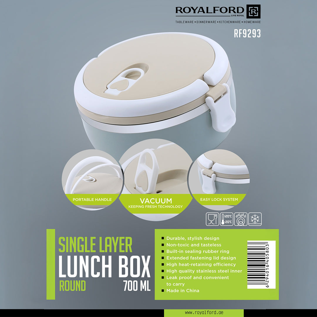 Royalford RF9293 Single Layer Lunch Box | 700ml Vacuum Insulated Stainless Steel Container |Leak Proof Easy Lock System | Portable Handle for Office, School & Travel Use