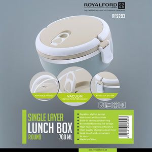 Royalford RF9293 Single Layer Lunch Box | 700ml Vacuum Insulated Stainless Steel Container |Leak Proof Easy Lock System | Portable Handle for Office, School & Travel Use