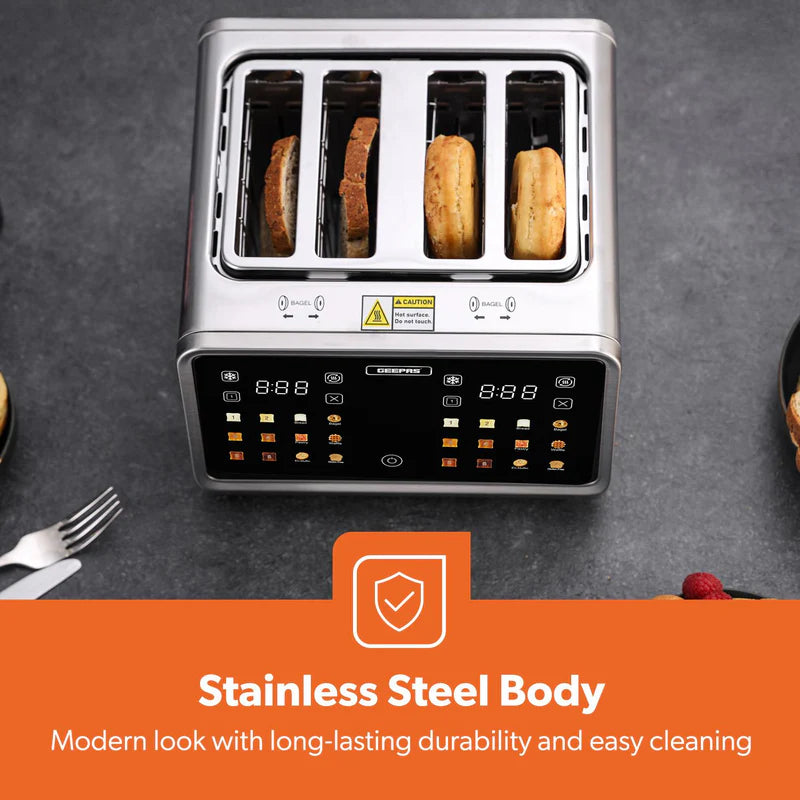 Geepas Digital 4-Slice Toaster- GBT36569UK/ 6 Modes, Removable Crumb Tray and Stainless Steel Housing, Defrost, Reheat and Cancel Functions/  2 Years Warranty, Silver