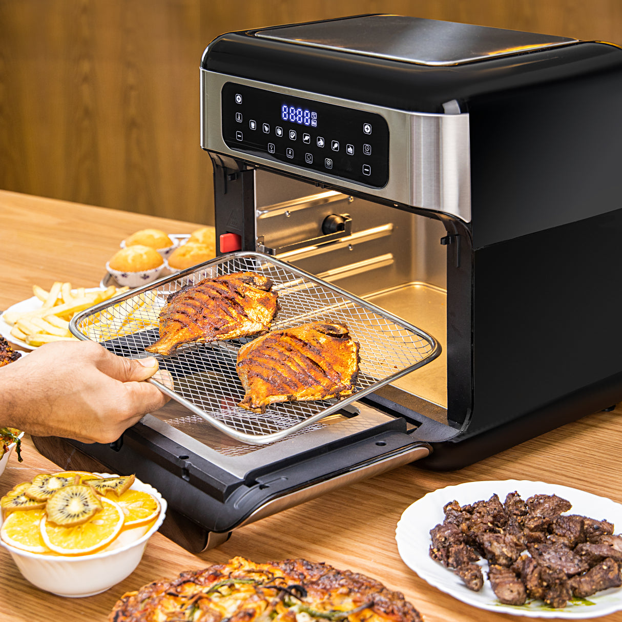 Geepas 1500W Air Fryer Oven Digital 9-in-1 Convection Air Fryer -Toaster Oven Combo Rotisserie & Dehydrator |  Oil-Free Countertop Oven | 90 min Timer |2 Years Warranty