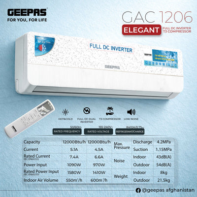 GEEPAS GAC1206 12000 BTU Full DC Inverter AC | R410A Refrigerant | T3 Compressor |Hot & Cold Function | Low Noise Operation | High Airflow | Convenient Remote Control