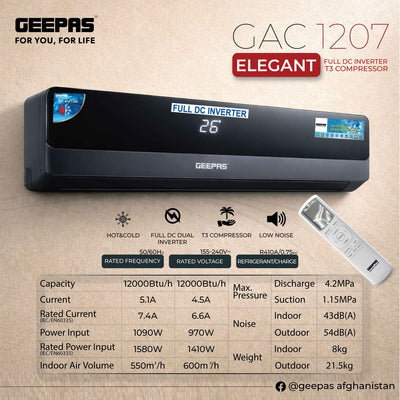 GEEPAS GAC1207 Elegant 12000 BTU Full DC Inverter AC | T3 Compressor | Hot & Cold Function | Low Noise Operation | Wide Voltage Range | High Air Volume | Elegant Design