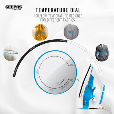 Geepas GSI7809 Steam Iron | 2400W Powerful Iron with Non-Stick Soleplate| Spray & Steam Function| Self-Clean| Variable Temperature Control | 240ml Tank| 2 Years Warranty