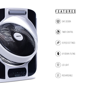 Geepas GF989 12-Inch Rechargeable Box Fan | 40-Hour Backup | LED Light | USB Output | Up/Down Tilting Head  |  Solar Panel Input | AC/DC Dual Operation | 0.5-Hour Timer