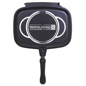 Royalford RF5515 32cm Double Grill Pan with Magnetic Lock | Non-Stick Double Sided Grill Pan for Chicken, Seafood, Meat & Vegetables for Gas & Electric Cooktops Home Use