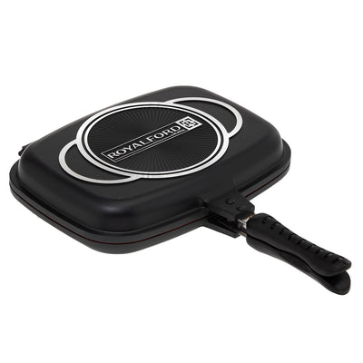 Royalford RF5515 32cm Double Grill Pan with Magnetic Lock | Non-Stick Double Sided Grill Pan for Chicken, Seafood, Meat & Vegetables for Gas & Electric Cooktops Home Use