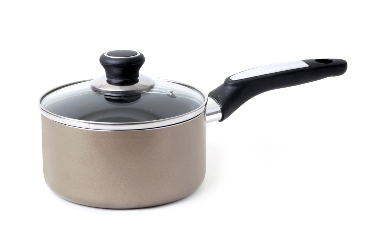 Royalford RF2961 18cm Aluminium Non-Stick Small Enamel Saucepan with Lid Made of Toughened Glass, Cooking Surface Induction Saucepan