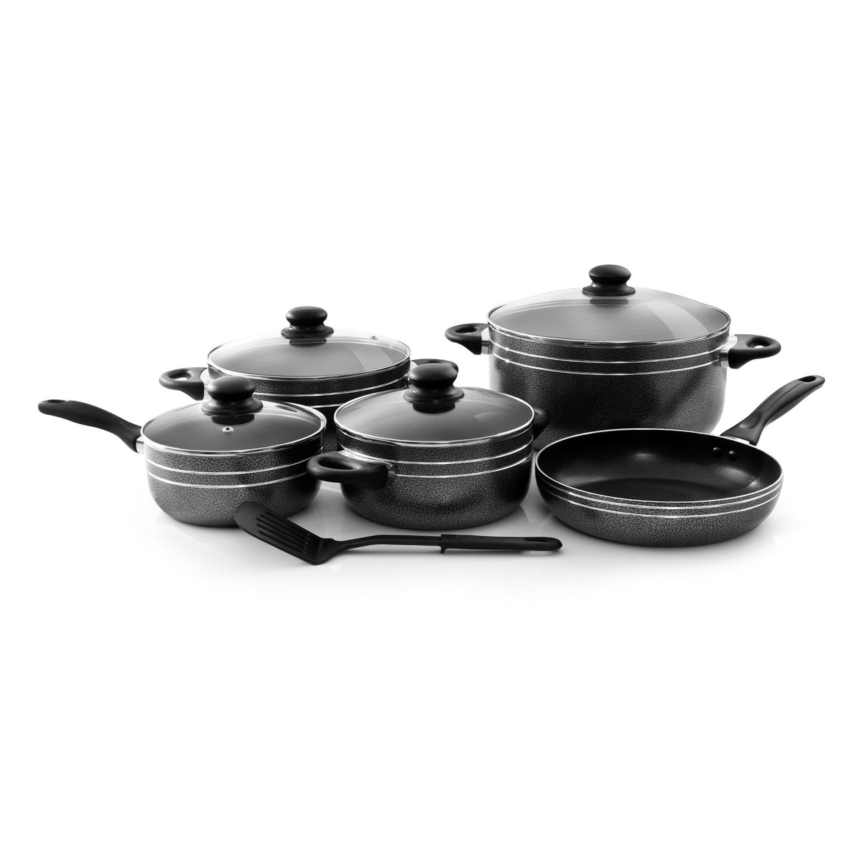 Royalford RF7065 10 Pcs Non-Stick Cookware Set - Heat Resistant Handles Scratch Resistant, Tempered Glass Lids, Uniform Heat, Bakelite Knobs