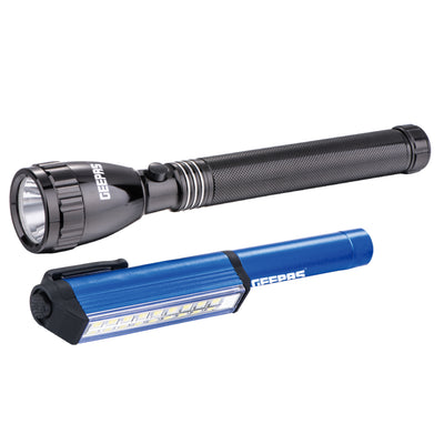 Geepas GFL4647 Rechargeable LED Flashlight | Waterproof Diving Torch | 2-in-1 Torch & Penlight | 1500-Meter Beam Distance |Battery Level Indicator | Durable Design