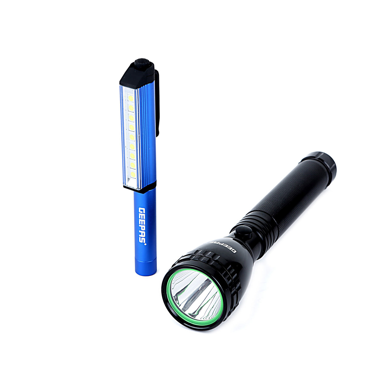 Geepas GFL4647 Rechargeable LED Flashlight | Waterproof Diving Torch | 2-in-1 Torch & Penlight | 1500-Meter Beam Distance |Battery Level Indicator | Durable Design