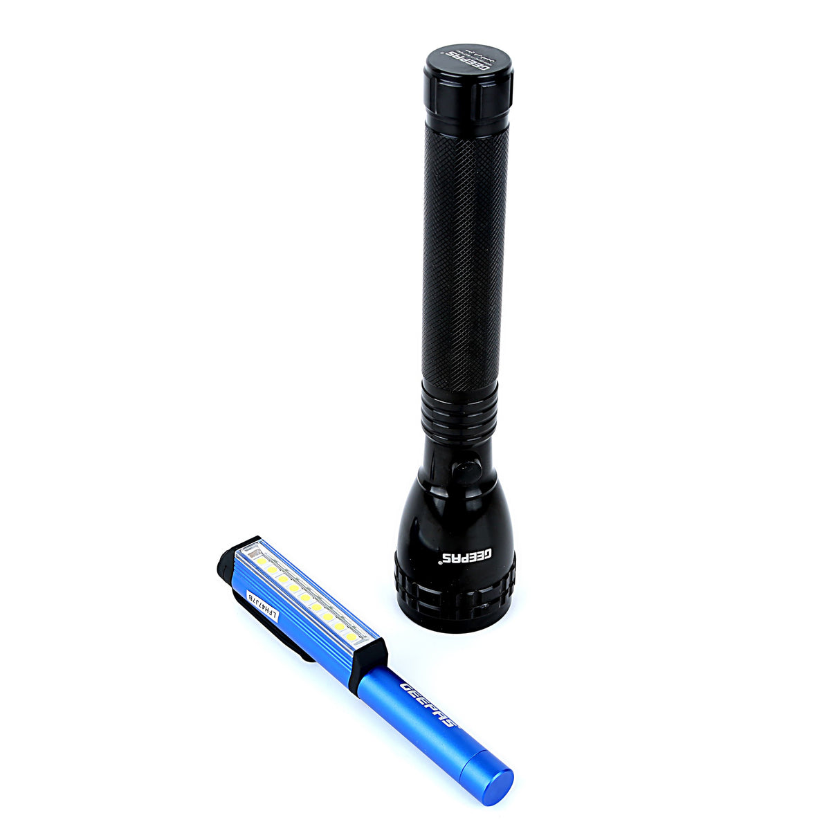 Geepas GFL4647 Rechargeable LED Flashlight | Waterproof Diving Torch | 2-in-1 Torch & Penlight | 1500-Meter Beam Distance |Battery Level Indicator | Durable Design