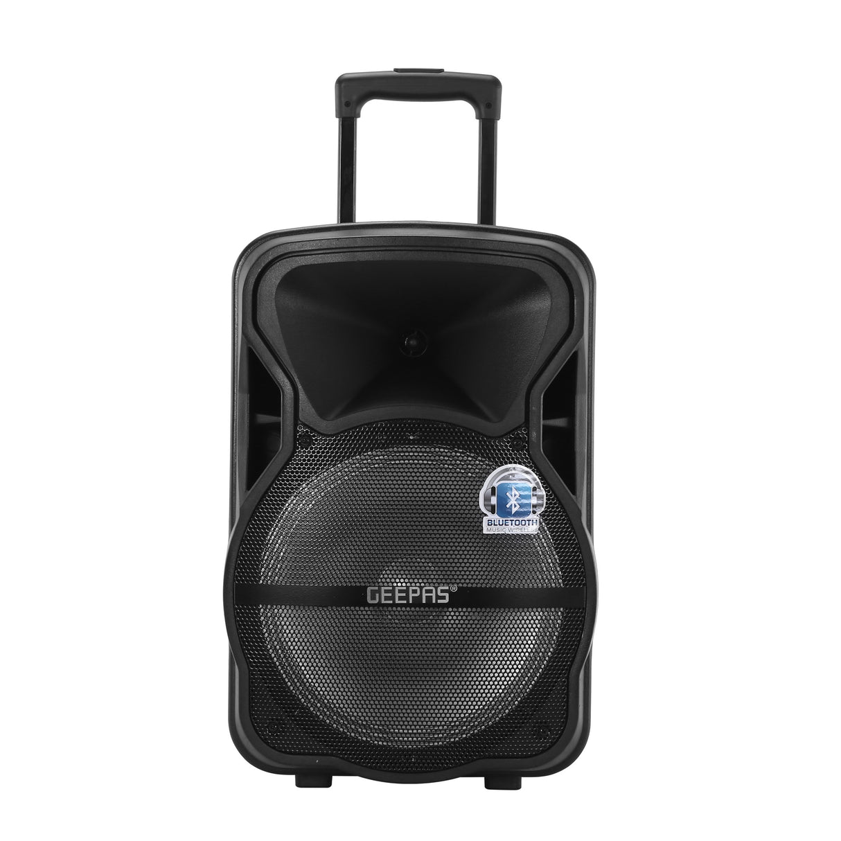 Geepas GMS8568 Portable & Rechargeable Professional Speaker | Bluetooth| USB/SD/FM| Wireless Mic| LED Disco Light| 7.4V/1800mAh Battery| Remote Control| 2 Years Warranty
