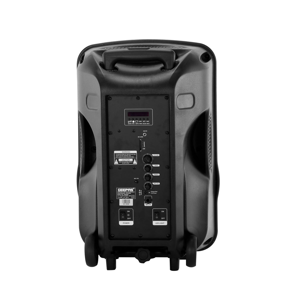 Geepas GMS8568 Portable & Rechargeable Professional Speaker | Bluetooth| USB/SD/FM| Wireless Mic| LED Disco Light| 7.4V/1800mAh Battery| Remote Control| 2 Years Warranty