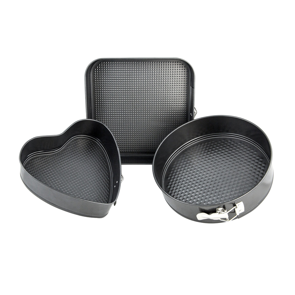 Royalford RF8783 Springform Baking Pan Set |  3PCS Premium Non-Stick Round Heart Square Cake Pans |  Easy Release Buckle|  Oven Safe |  Even Heat Distribution Design