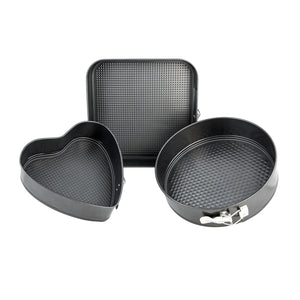 Royalford RF8783 Springform Baking Pan Set |  3PCS Premium Non-Stick Round Heart Square Cake Pans |  Easy Release Buckle|  Oven Safe |  Even Heat Distribution Design