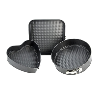 Royalford RF8783 Springform Baking Pan Set |  3PCS Premium Non-Stick Round Heart Square Cake Pans |  Easy Release Buckle|  Oven Safe |  Even Heat Distribution Design
