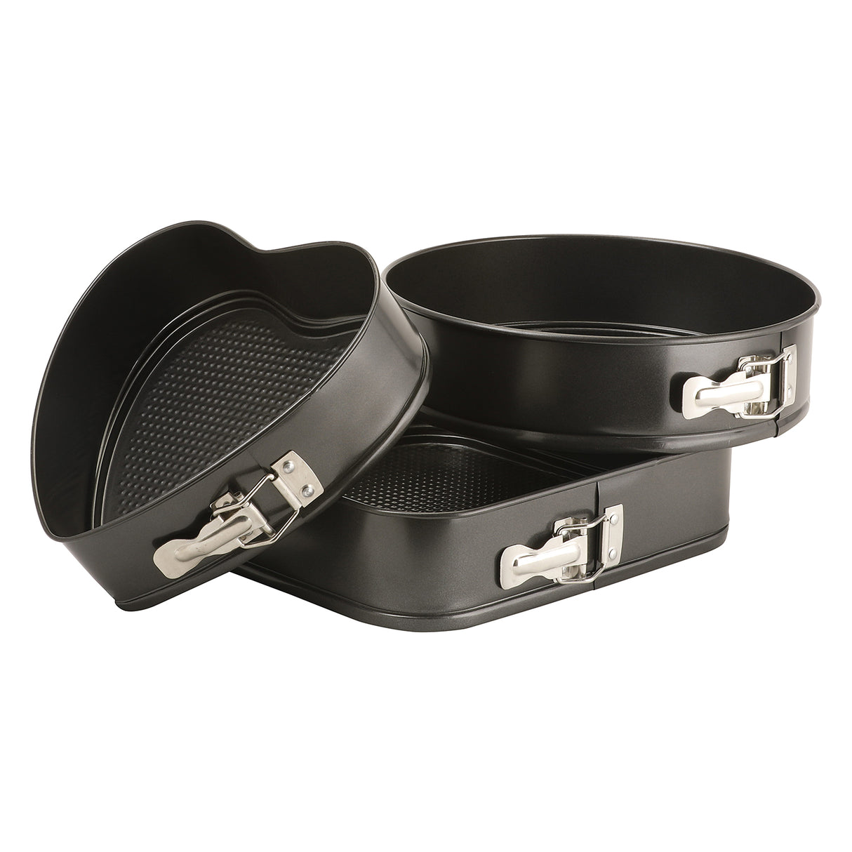 Royalford RF8783 Springform Baking Pan Set |  3PCS Premium Non-Stick Round Heart Square Cake Pans |  Easy Release Buckle|  Oven Safe |  Even Heat Distribution Design