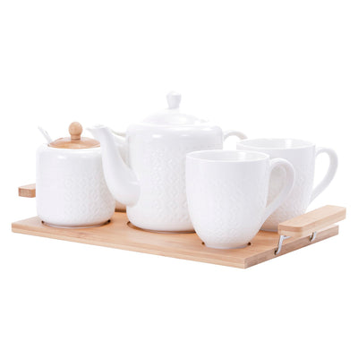 Royalford RF9239 6Pcs Porcelain Tea Set |  Wooden Stand High-Grade Porcelain Tea Pot Cups Accessories Set | Elegant Serving Tray for Home Gifting and Entertaining