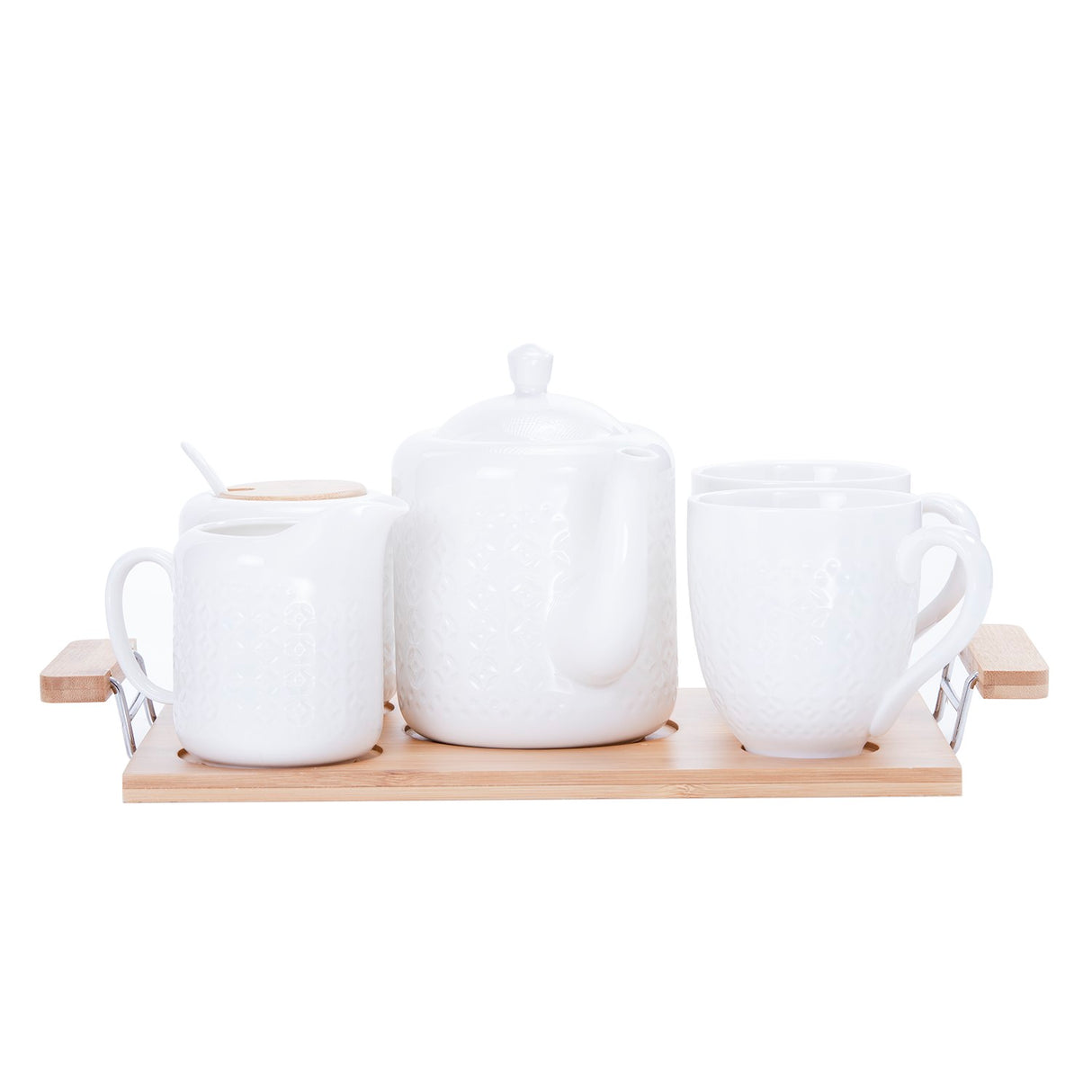 Royalford RF9239 6Pcs Porcelain Tea Set |  Wooden Stand High-Grade Porcelain Tea Pot Cups Accessories Set | Elegant Serving Tray for Home Gifting and Entertaining
