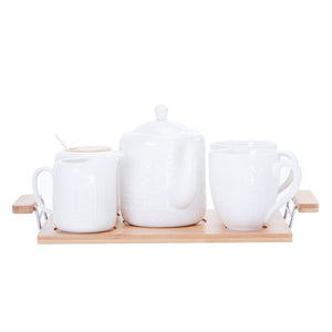 Royalford RF9239 6Pcs Porcelain Tea Set |  Wooden Stand High-Grade Porcelain Tea Pot Cups Accessories Set | Elegant Serving Tray for Home Gifting and Entertaining