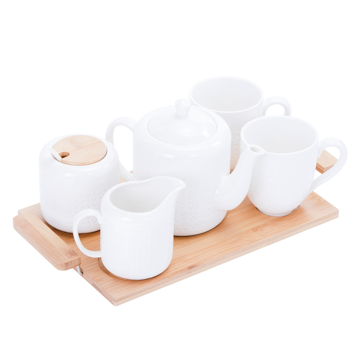 Royalford RF9239 6Pcs Porcelain Tea Set |  Wooden Stand High-Grade Porcelain Tea Pot Cups Accessories Set | Elegant Serving Tray for Home Gifting and Entertaining