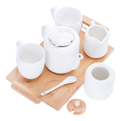 Royalford RF9239 6Pcs Porcelain Tea Set |  Wooden Stand High-Grade Porcelain Tea Pot Cups Accessories Set | Elegant Serving Tray for Home Gifting and Entertaining