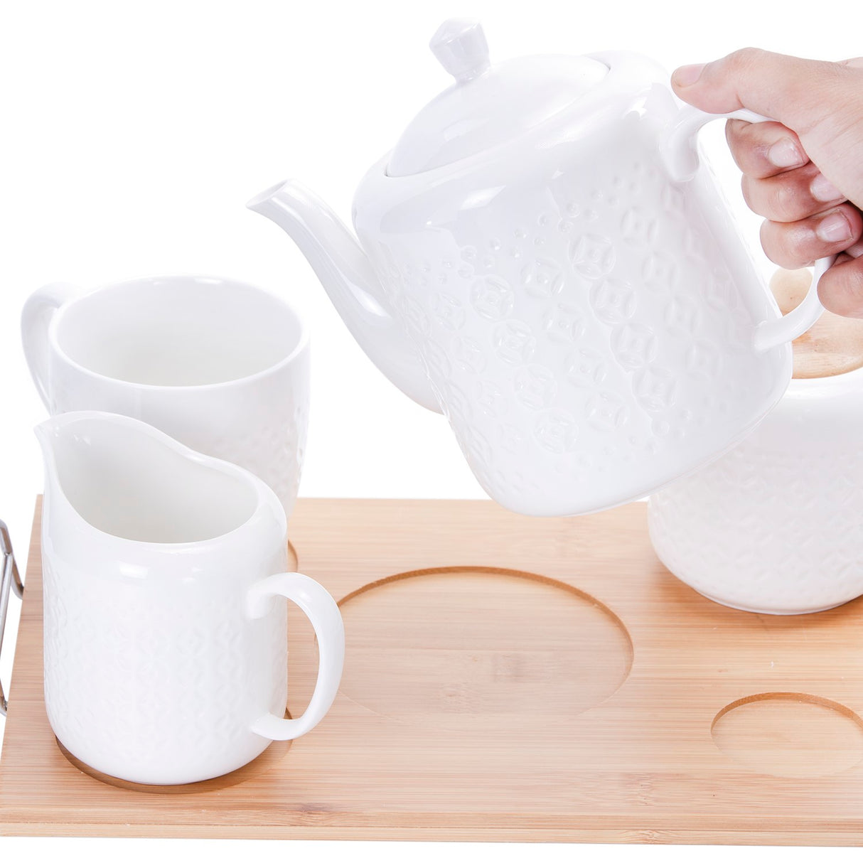 Royalford RF9239 6Pcs Porcelain Tea Set |  Wooden Stand High-Grade Porcelain Tea Pot Cups Accessories Set | Elegant Serving Tray for Home Gifting and Entertaining