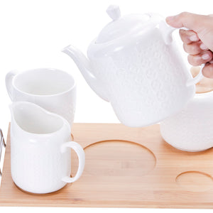Royalford RF9239 6Pcs Porcelain Tea Set |  Wooden Stand High-Grade Porcelain Tea Pot Cups Accessories Set | Elegant Serving Tray for Home Gifting and Entertaining