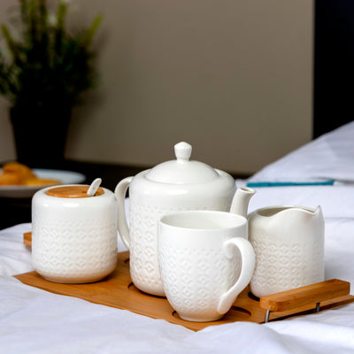 Royalford RF9239 6Pcs Porcelain Tea Set |  Wooden Stand High-Grade Porcelain Tea Pot Cups Accessories Set | Elegant Serving Tray for Home Gifting and Entertaining