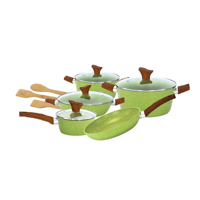 Royalford 12-Piece Forged Aluminum Cookware Set with Marble Coating-RF9415| Includes Casseroles, Sauce Pan, Wok Pan, Fry Pan, and Wooden Turners, Green