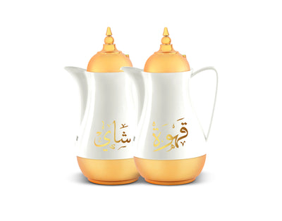 Royalford 1L 2 Pieces Vacuum Flask -Double Wall Large Drink Jug with Comfortable Handles & Lid | Juice Jug Water Pitcher Juice Cold Tea Milk Bottle Pot Container for Restaurants Home (White & Gold)