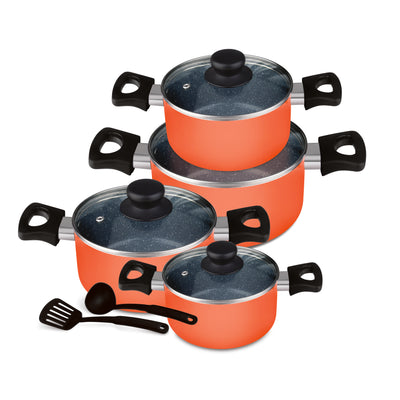 Royalford RF9308 10-Piece Non-Stick Cookware Set | Aluminium Alloy Casserole Set with Tempered Glass Lids & Nylon Tools | Tempered glass lids | Easy-grip Bakelite handles