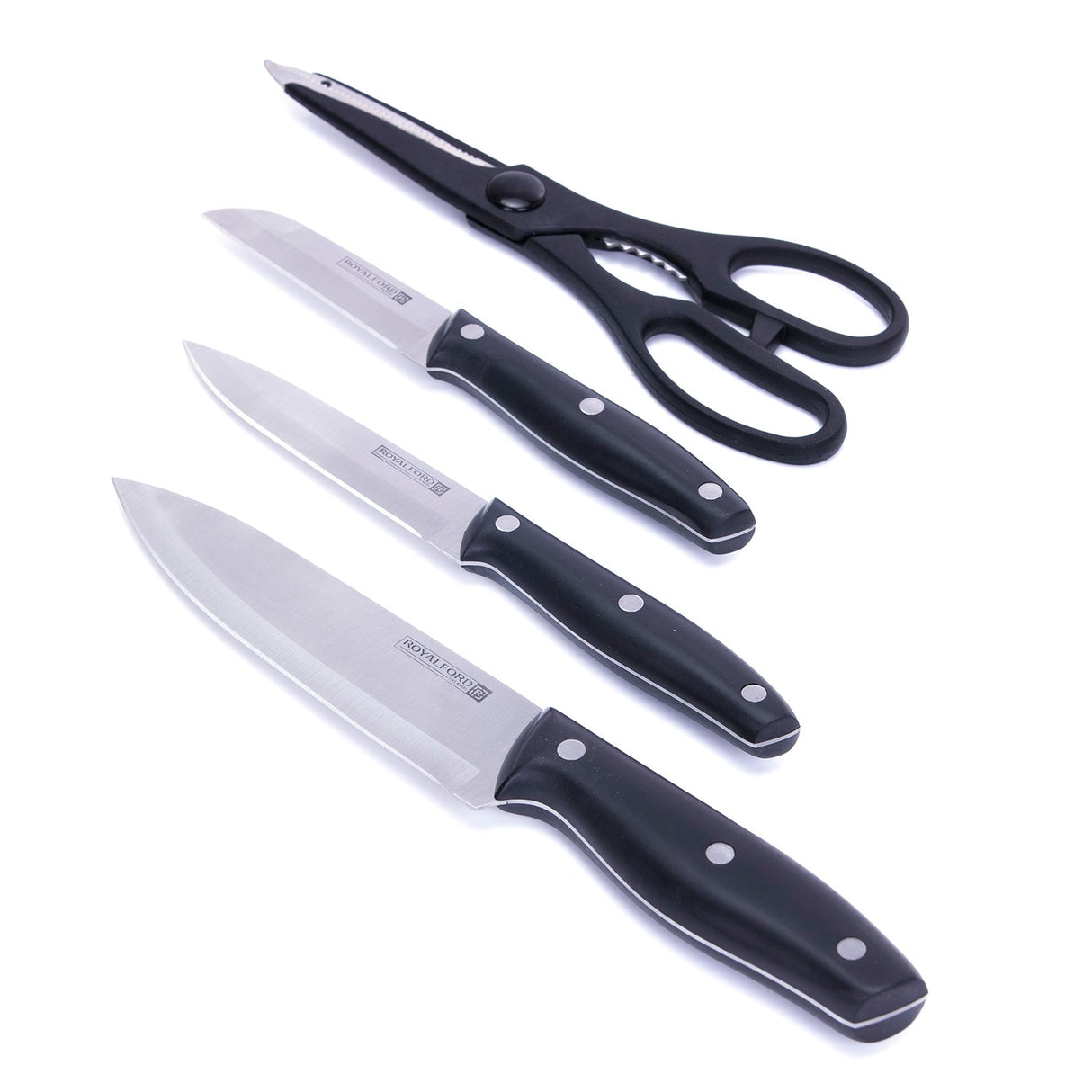 Royalford RF7011 5-Piece Kitchen Tools Set | High-Grade Stainless Steel Knives |Ergonomic Handles| Wooden Storage Block| Stain-Resistant Design & Dishwasher-Safe