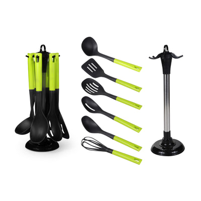 Royalford 7 Pcs Nylon Kitchen Tools Set RF9676 | Heat-Resistant Utensils up to 210°C| Non-Scratch Food-Grade Nylon Tools| Soft Grip Handles| Stainless Steel Stand