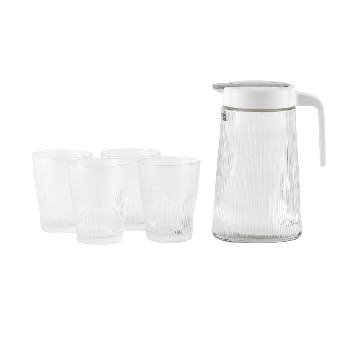 Royalford RF12208 5PC Water Jug & Cups Set | 1200ml Glass Jug and 4x250ml Cups | BPA Free Lead-Free Soda Lime Glass | Heat & Scratch Resistant Beverage Serving Set
