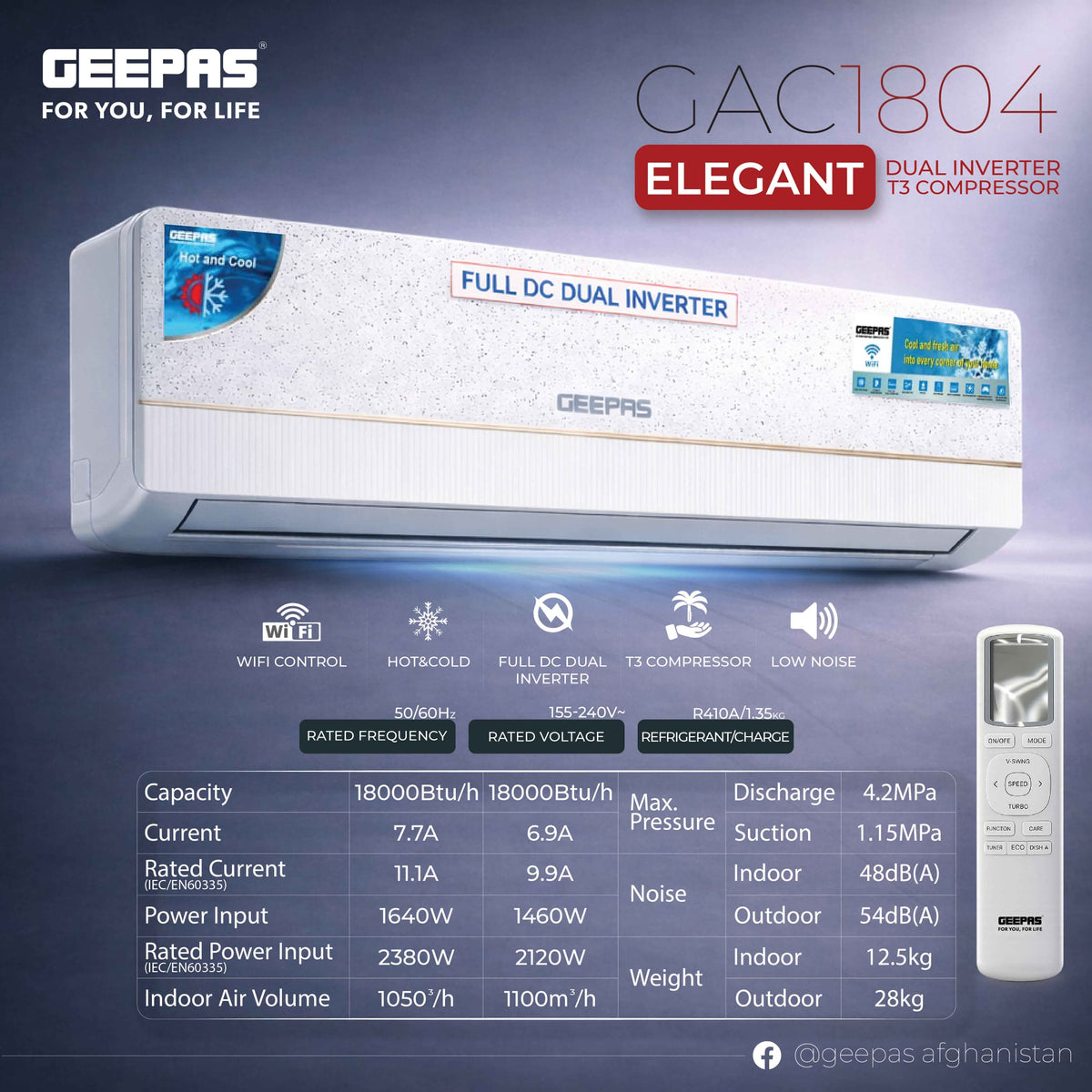 GEEPAS GAC1804 18000 BTU Full DC Dual Inverter AC | T3 Compressor | Hot & Cold Function | Wi-Fi Control | Low Noise Operation | R410A Refrigerant | Remote Control