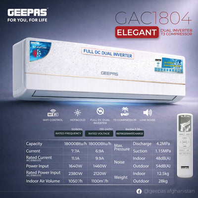 GEEPAS GAC1804 18000 BTU Full DC Dual Inverter AC | T3 Compressor | Hot & Cold Function | Wi-Fi Control | Low Noise Operation | R410A Refrigerant | Remote Control