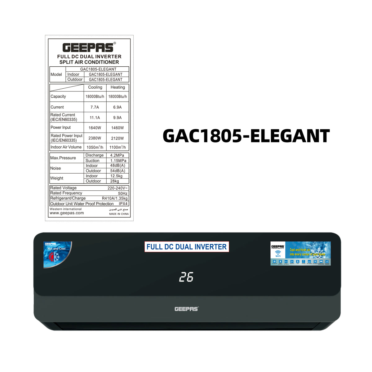 GEEPAS GAC1805 18000 BTU Full DC Dual Inverter AC | T3 Compressor| Hot & Cold Function | Wi-Fi Control |Low Noise Operation | R410A Refrigerant |Convenient Remote Control
