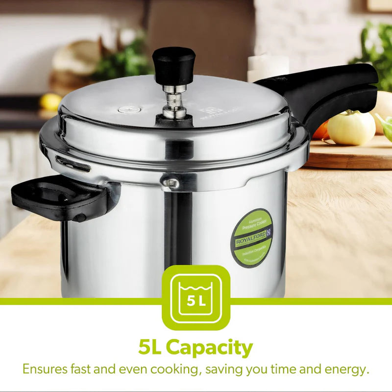 Royalford RF5802 5L Induction Base Pressure Cooker | Fast & Safe Cooking | Durable Aluminium Body | Even Heat Distribution | Secure Lock System | Energy Efficient