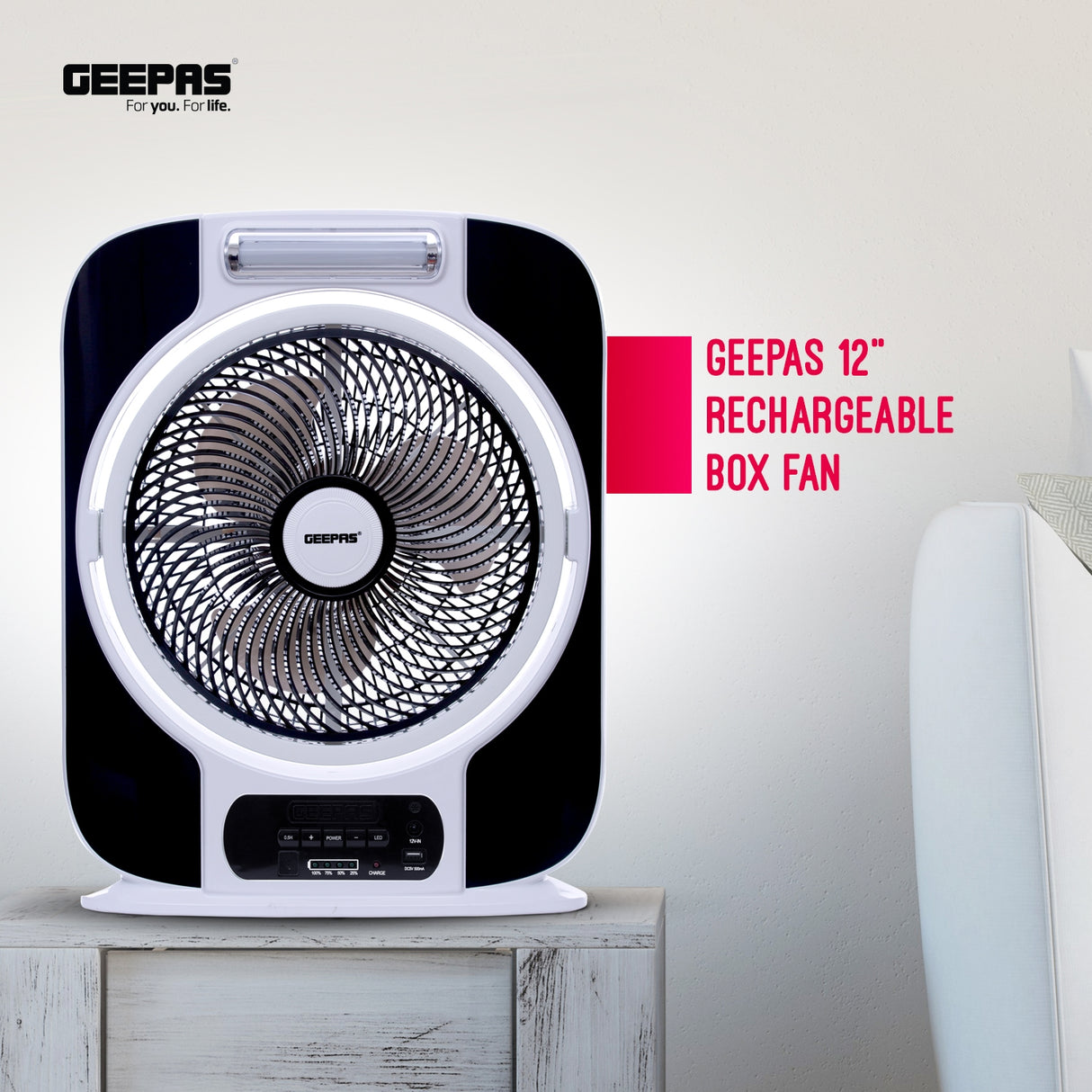 Geepas GF989 12-Inch Rechargeable Box Fan | 40-Hour Backup | LED Light | USB Output | Up/Down Tilting Head  |  Solar Panel Input | AC/DC Dual Operation | 0.5-Hour Timer