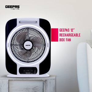 Geepas GF989 12-Inch Rechargeable Box Fan | 40-Hour Backup | LED Light | USB Output | Up/Down Tilting Head  |  Solar Panel Input | AC/DC Dual Operation | 0.5-Hour Timer