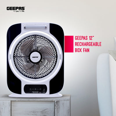 Geepas GF989 12-Inch Rechargeable Box Fan | 40-Hour Backup | LED Light | USB Output | Up/Down Tilting Head  |  Solar Panel Input | AC/DC Dual Operation | 0.5-Hour Timer